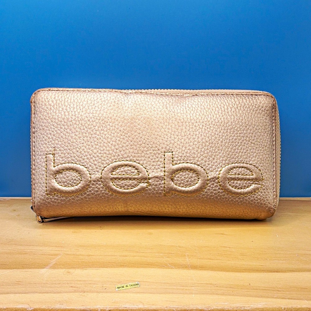 bebe Women's Gold Zip-Around Wallet Solid Logo Zipper Credit Card beautiful
